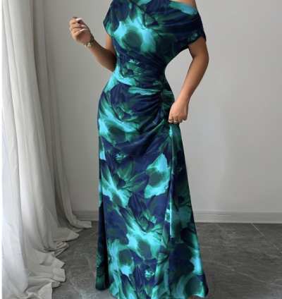 Fashionable Party Attire Women'S Elegant Exquisite Floral Print One-Shoulder Design Waist-Cinched A-Line Long-Length Dress Bridesmaid Dress Women'S